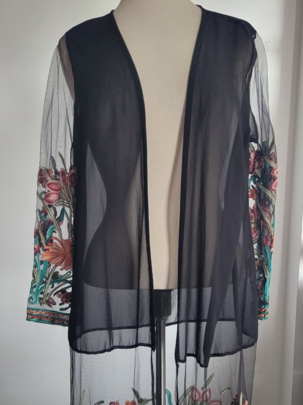 Black Sheer Floral Embroidered Mesh Duster Kimono Robe by Liv Los Angeles (S: M)